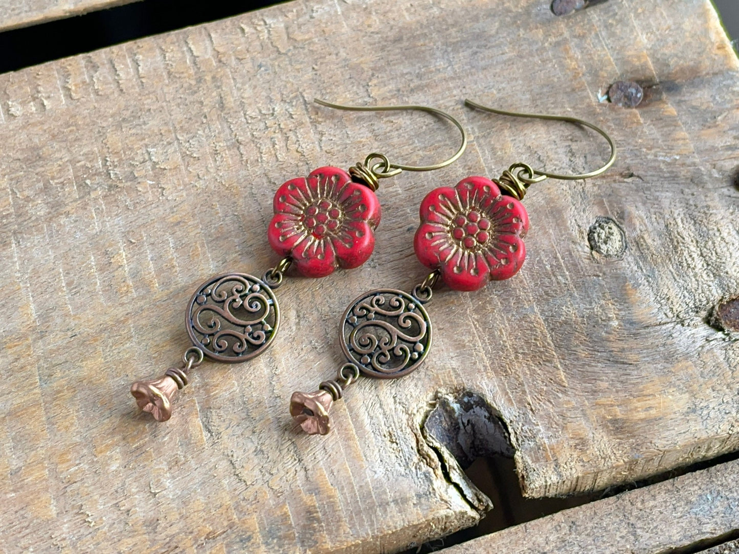 Red Anemone Blossom Earrings. Czech Glass Anemone Flower Earrings. Rustic Red & Copper Earrings. Bohemian Style Earrings. Flower Lover Gift