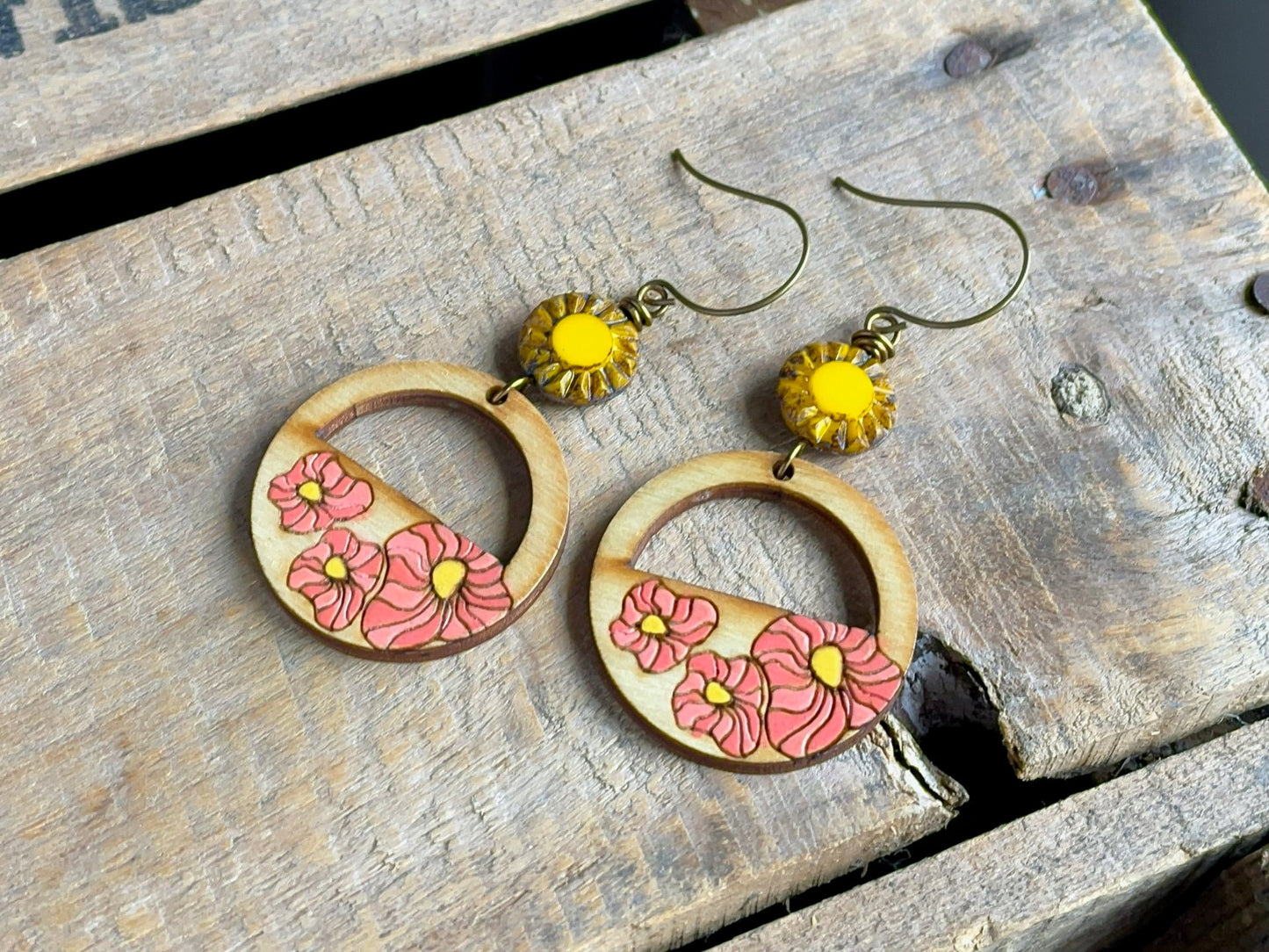 Bohemian Style Poppy Earrings - Hand-Painted Birch Wood in Coral Pink and Yellow - Vibrant Summer Jewellery