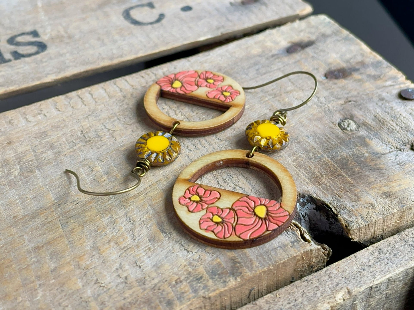 Bohemian Style Poppy Earrings - Hand-Painted Birch Wood in Coral Pink and Yellow - Vibrant Summer Jewellery