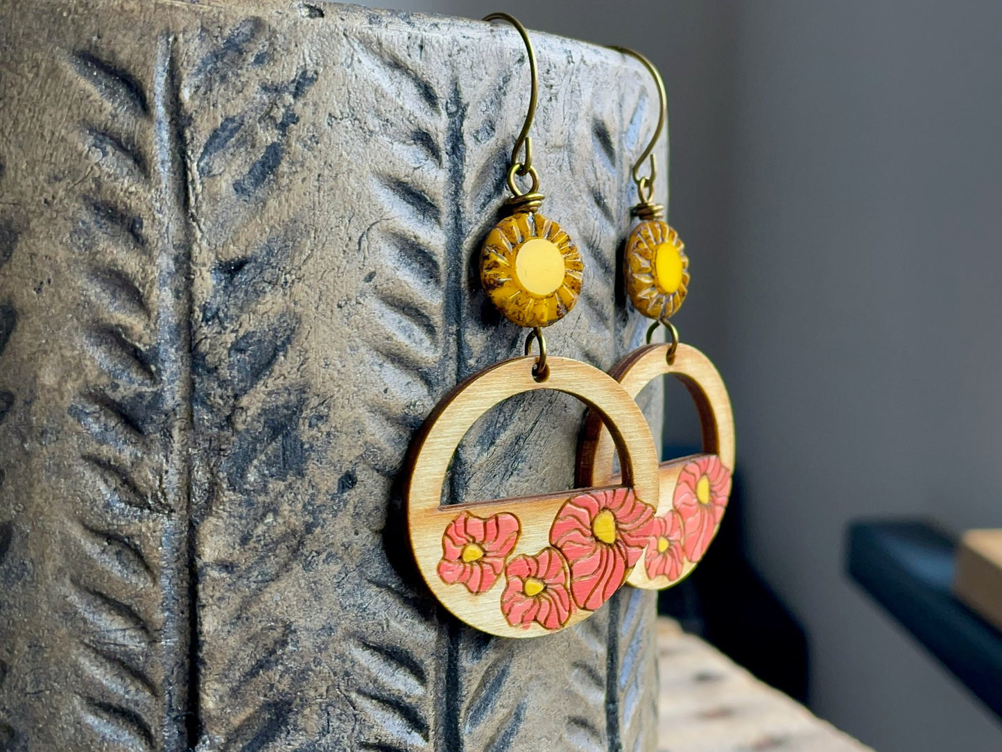 Bohemian Style Poppy Earrings - Hand-Painted Birch Wood in Coral Pink and Yellow - Vibrant Summer Jewellery