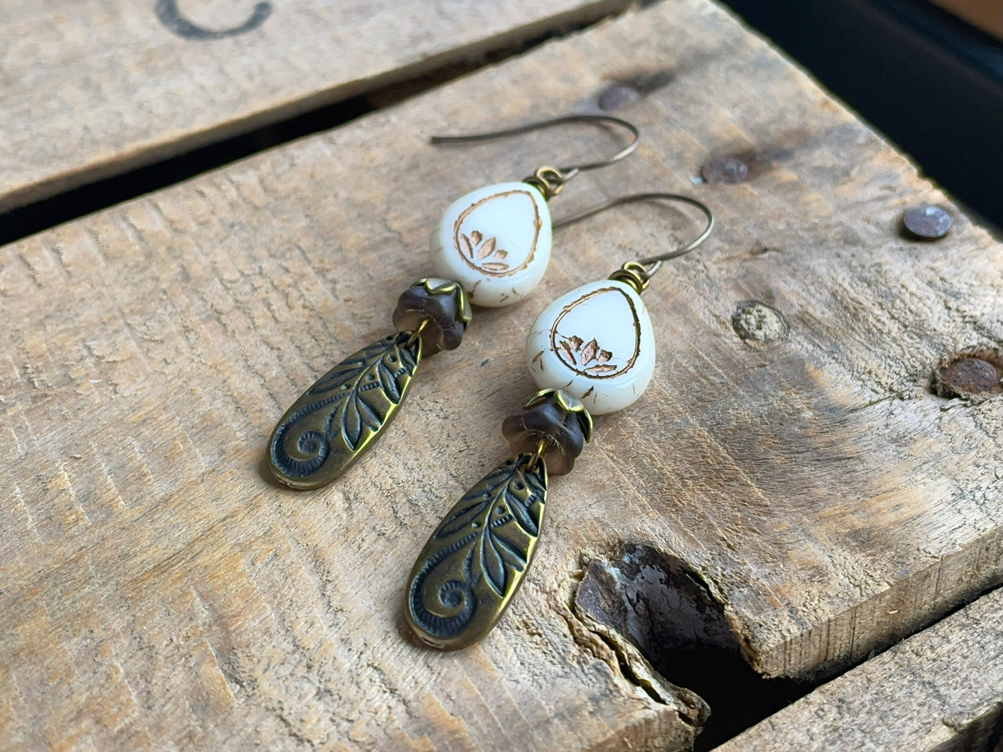 Bohemian Style Lotus Blossom Earrings. Czech Glass Lotus Flower Earrings. Teardrop Earrings. Brass Floral Charm Earrings. Boho Gift