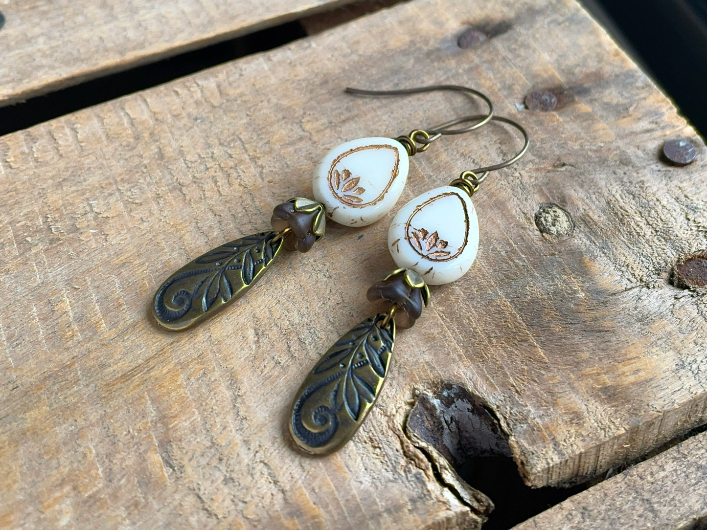 Bohemian Style Lotus Blossom Earrings. Czech Glass Lotus Flower Earrings. Teardrop Earrings. Brass Floral Charm Earrings. Boho Gift