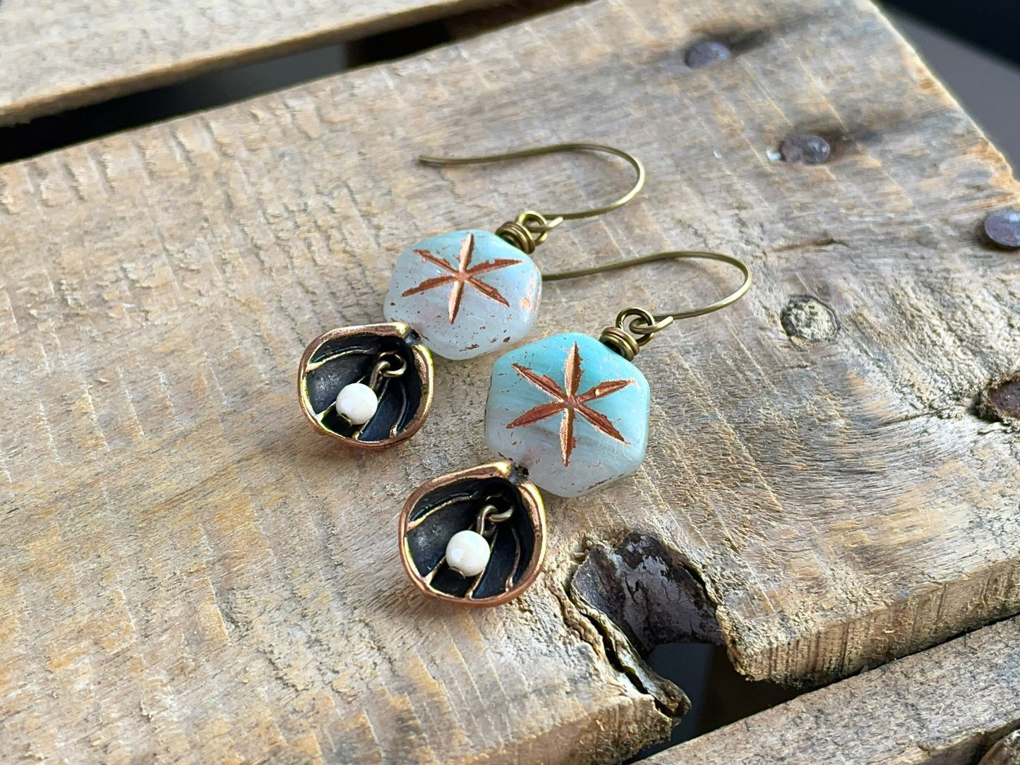 Czech Glass Bead Earrings with Copper Seashell Charms. Beach Style Jewellery, Perfect for Summer