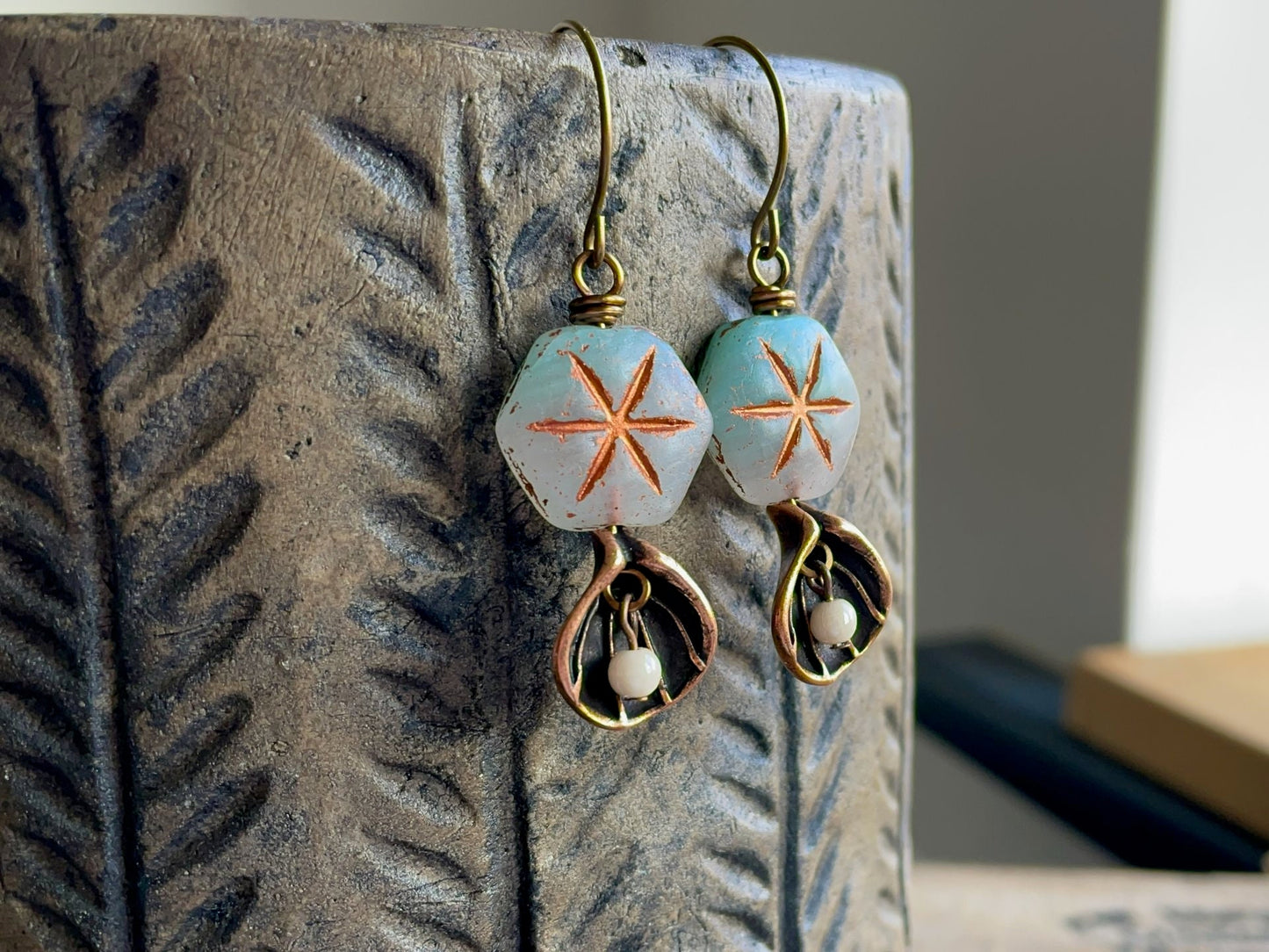 Czech Glass Bead Earrings with Copper Seashell Charms. Beach Style Jewellery, Perfect for Summer