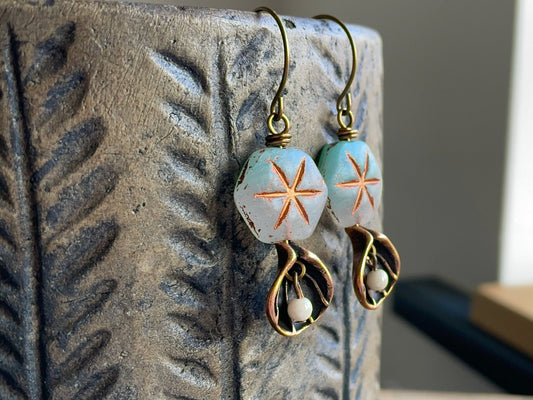 Czech Glass Bead Earrings with Copper Seashell Charms. Beach Style Jewellery, Perfect for Summer