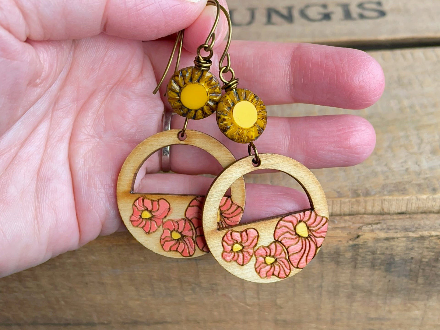 Bohemian Style Poppy Earrings - Hand-Painted Birch Wood in Coral Pink and Yellow - Vibrant Summer Jewellery