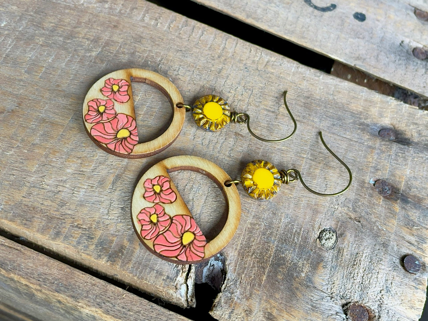 Bohemian Style Poppy Earrings - Hand-Painted Birch Wood in Coral Pink and Yellow - Vibrant Summer Jewellery