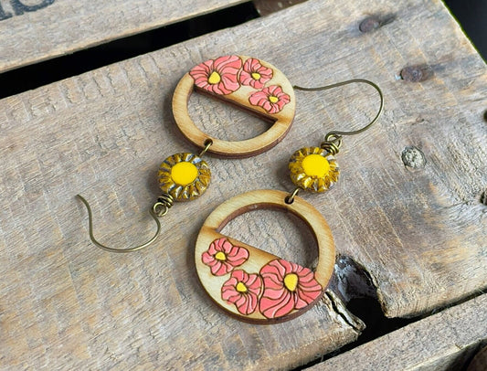 Bohemian Style Poppy Earrings - Hand-Painted Birch Wood in Coral Pink and Yellow - Vibrant Summer Jewellery