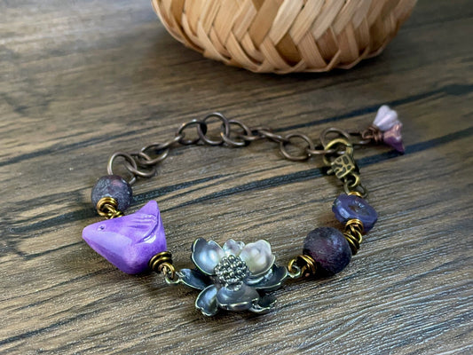 Artisan Ceramic Bird Bracelet - Purple Beaded Jewellery - Whimsical Statement Piece - Unique Design