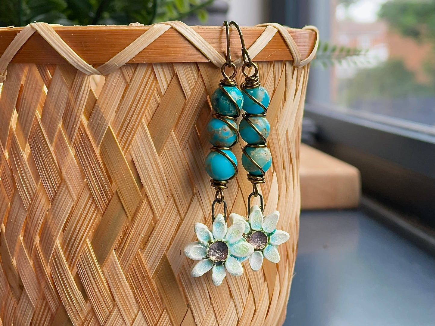 Colourful Wire Wrapped Earrings with Artisan Ceramic Flower Charms. Vibrant Blue Dyed Imperial Jasper Earrings. Summer Jewellery