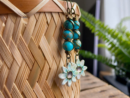 Colourful Wire Wrapped Earrings with Artisan Ceramic Flower Charms. Vibrant Blue Dyed Imperial Jasper Earrings. Summer Jewellery