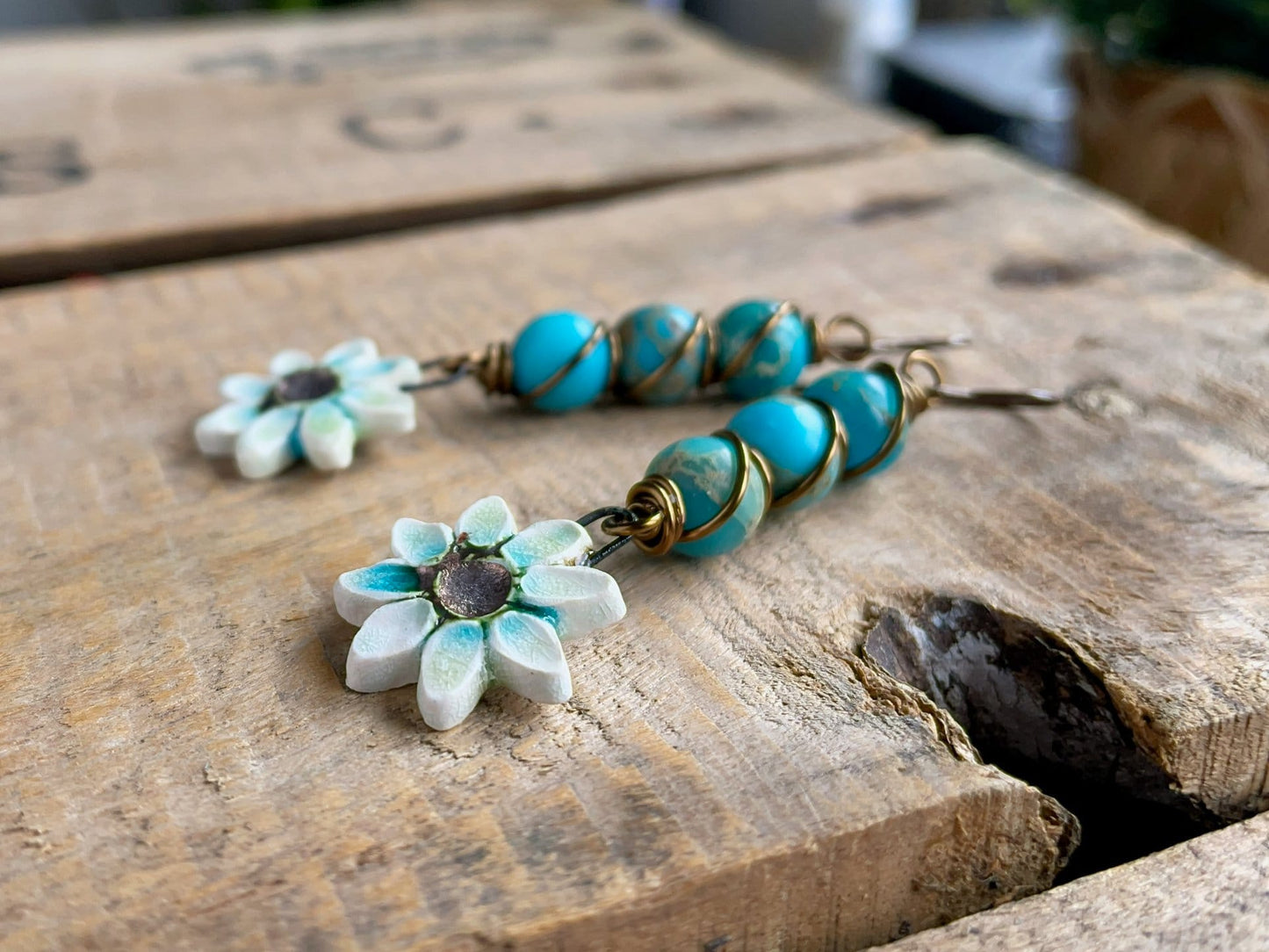 Colourful Wire Wrapped Earrings with Artisan Ceramic Flower Charms. Vibrant Blue Dyed Imperial Jasper Earrings. Summer Jewellery