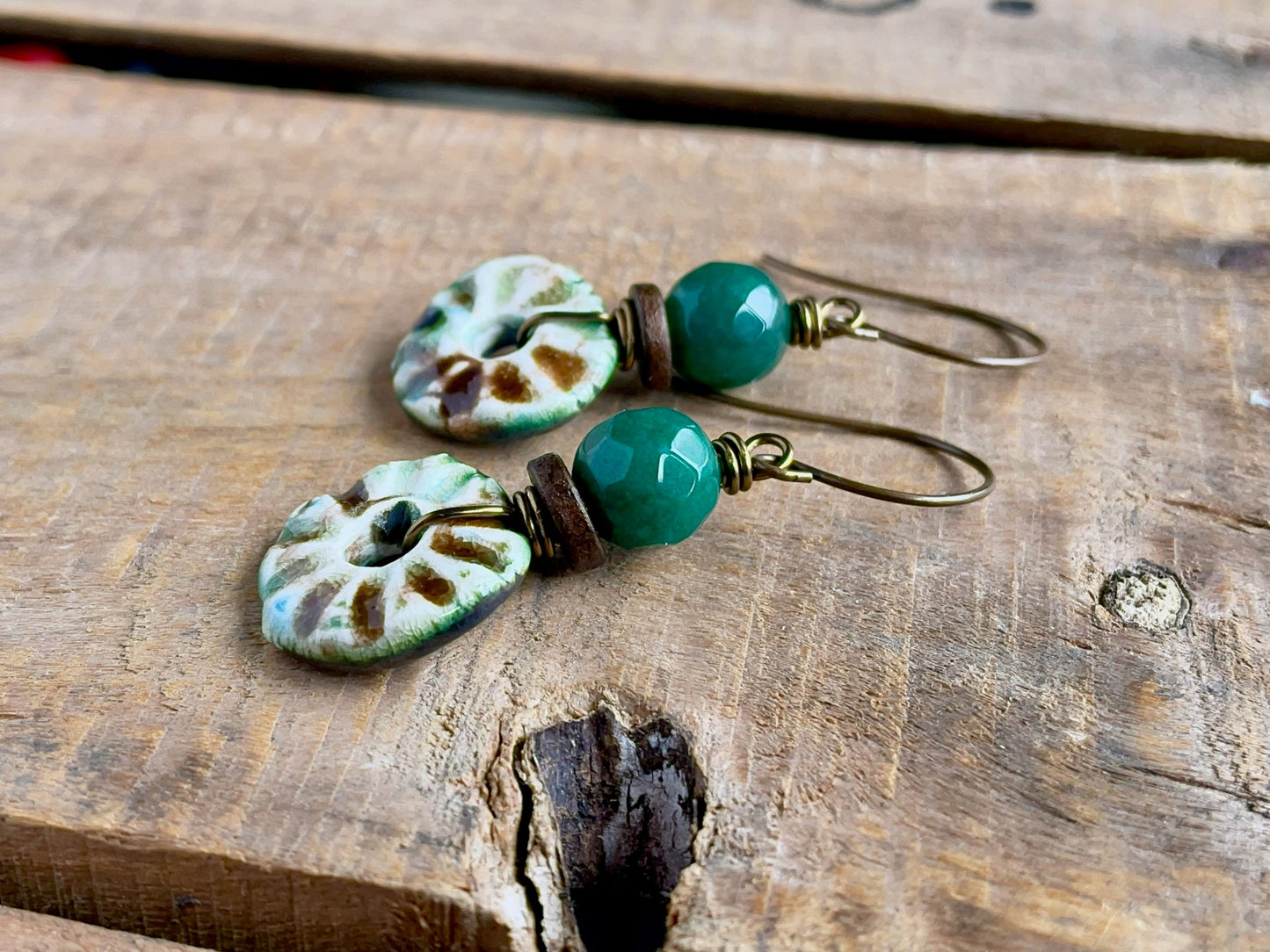 Rustic Green & Brown Ceramic Disc Earrings. One of a Kind Bohemian Earrings. Artisan Ceramic Jewellery