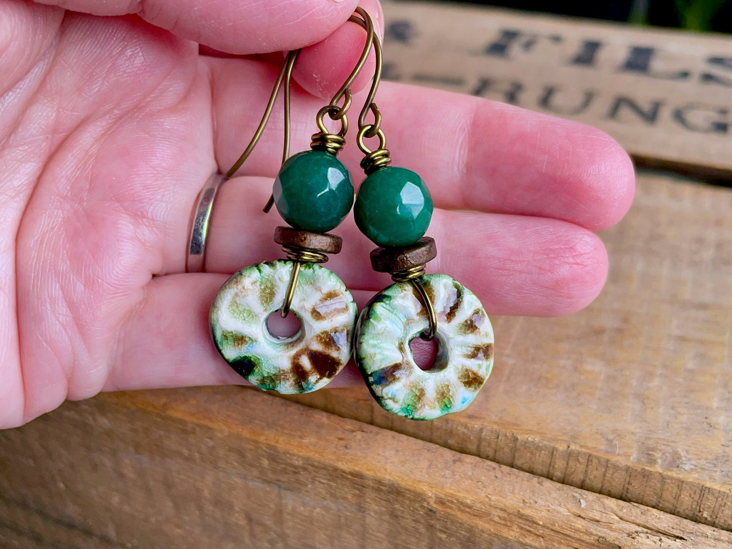 Rustic Green & Brown Ceramic Disc Earrings. One of a Kind Bohemian Earrings. Artisan Ceramic Jewellery