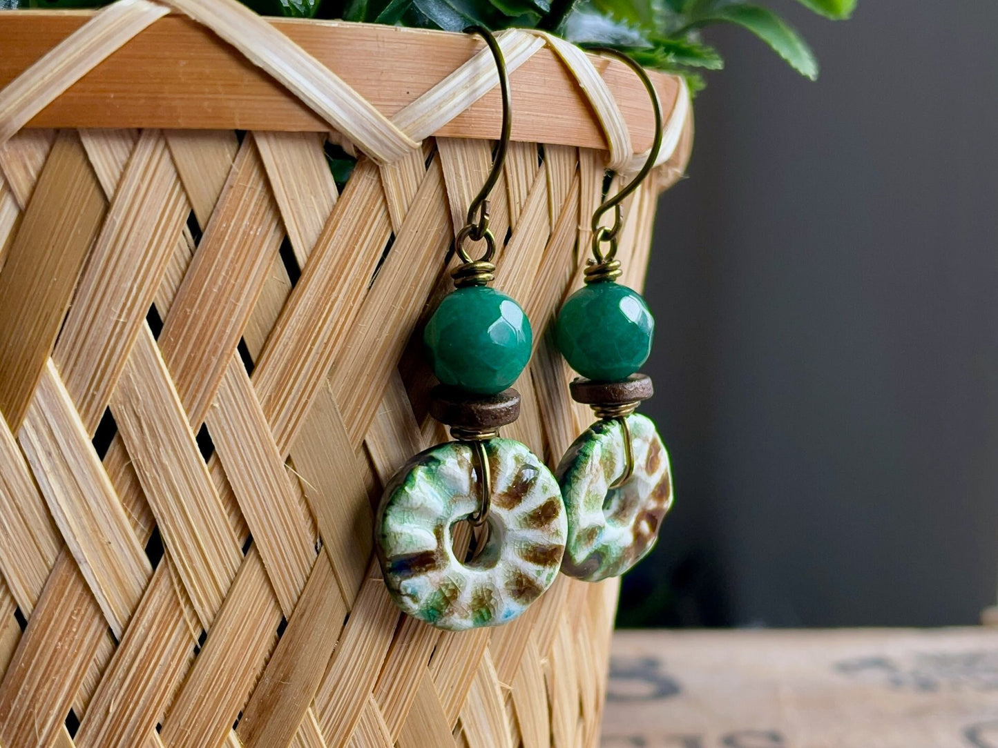 Rustic Green & Brown Ceramic Disc Earrings. One of a Kind Bohemian Earrings. Artisan Ceramic Jewellery