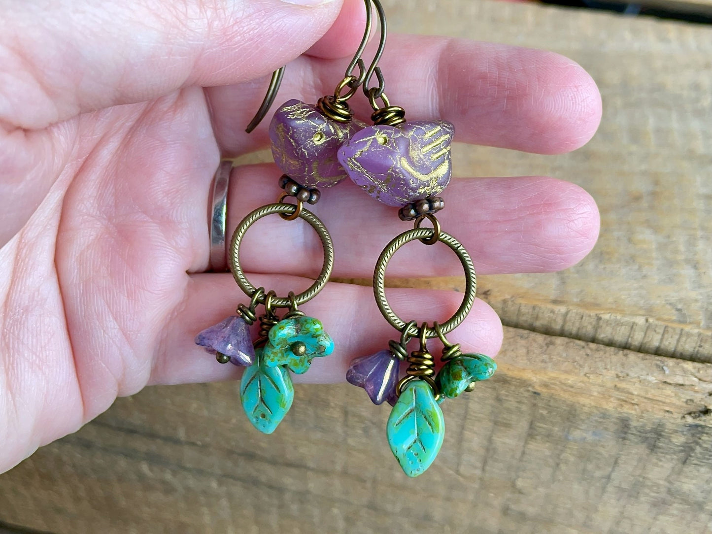 Nature Inspired Earrings featuring Czech Glass Birds, Leaves and Flowers. Colourful Purple & Green Cluster Earrings. Bohemian Jewellery