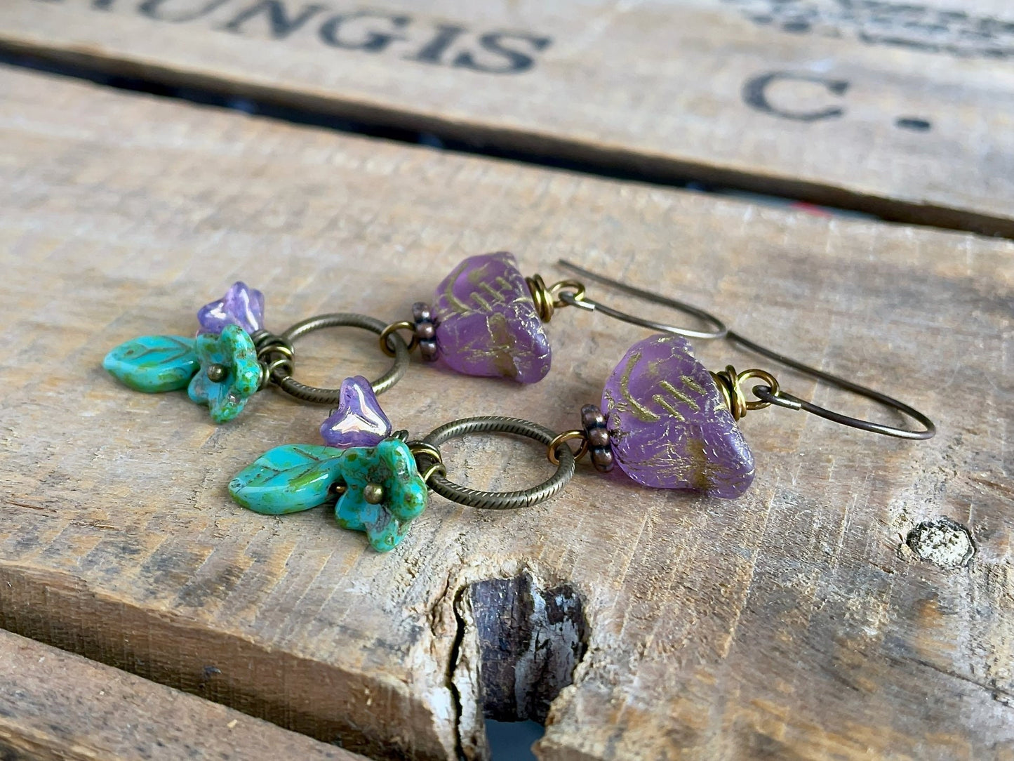 Nature Inspired Earrings featuring Czech Glass Birds, Leaves and Flowers. Colourful Purple & Green Cluster Earrings. Bohemian Jewellery