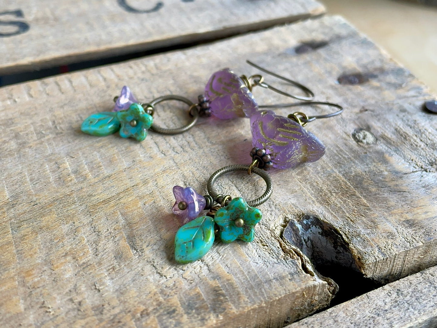 Nature Inspired Earrings featuring Czech Glass Birds, Leaves and Flowers. Colourful Purple & Green Cluster Earrings. Bohemian Jewellery