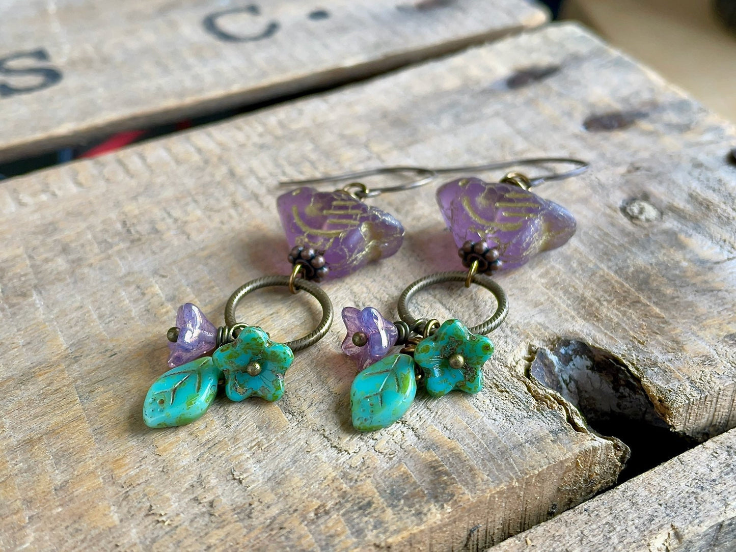 Nature Inspired Earrings featuring Czech Glass Birds, Leaves and Flowers. Colourful Purple & Green Cluster Earrings. Bohemian Jewellery