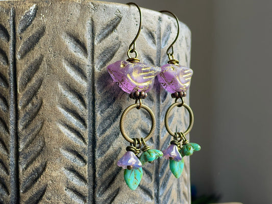 Nature Inspired Earrings featuring Czech Glass Birds, Leaves and Flowers. Colourful Purple & Green Cluster Earrings. Bohemian Jewellery