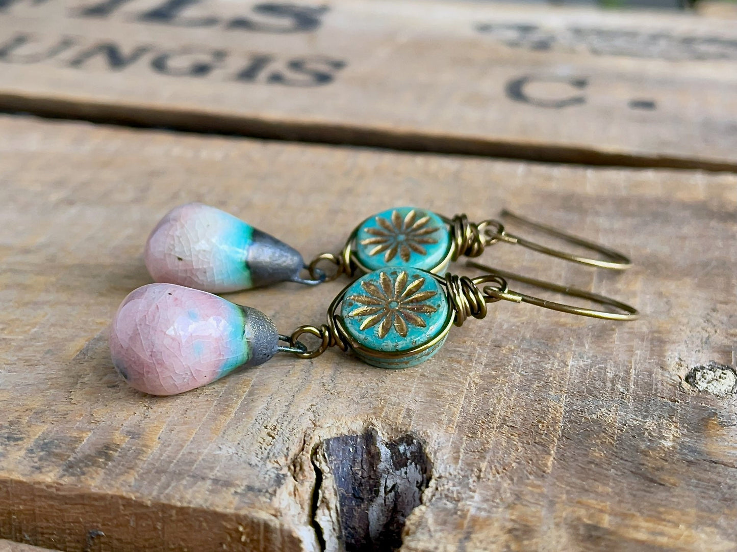 Pink & Turquoise Artisan Ceramic Drop Earrings. Bohemian Style Czech Glass Earrings. Colourful Summer Jewellery