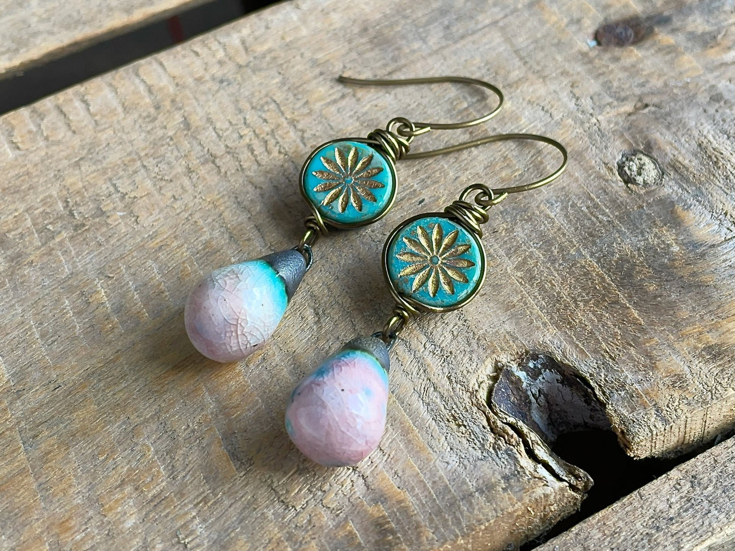 Pink & Turquoise Artisan Ceramic Drop Earrings. Bohemian Style Czech Glass Earrings. Colourful Summer Jewellery