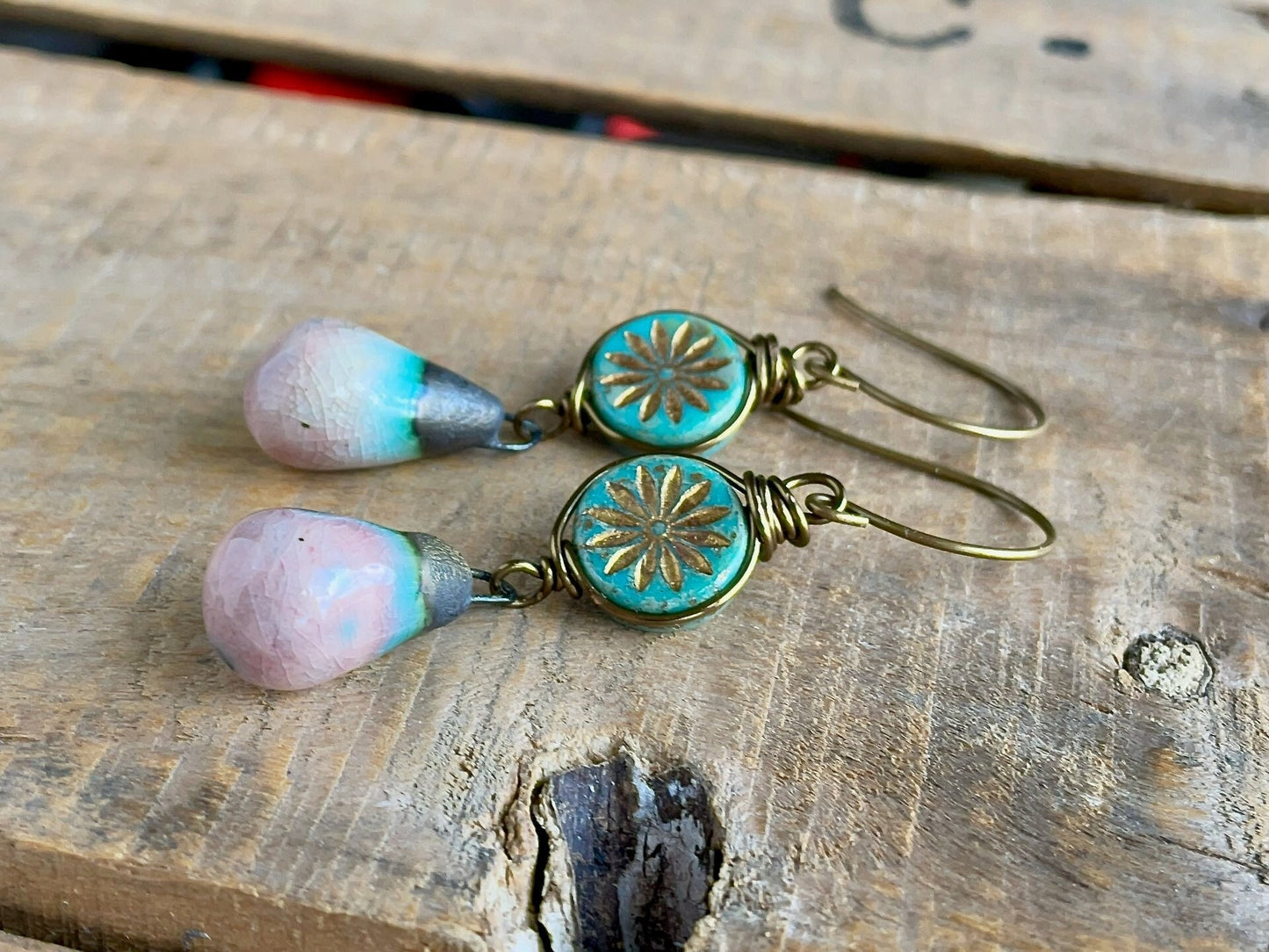 Pink & Turquoise Artisan Ceramic Drop Earrings. Bohemian Style Czech Glass Earrings. Colourful Summer Jewellery