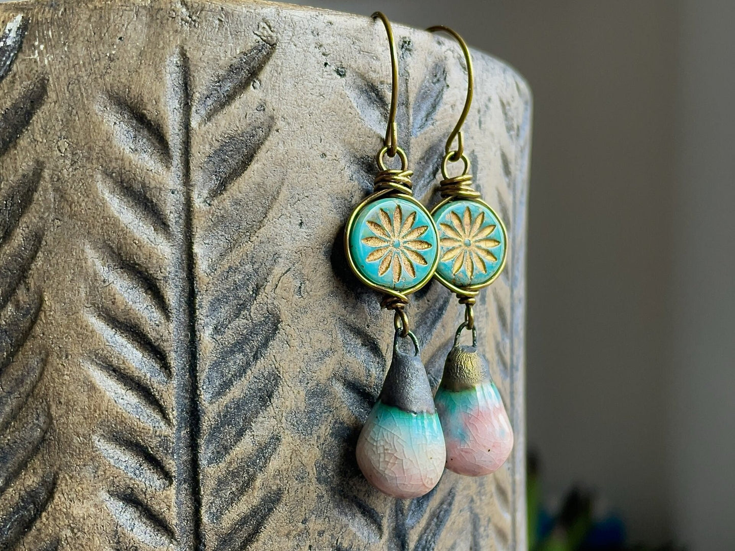 Pink & Turquoise Artisan Ceramic Drop Earrings. Bohemian Style Czech Glass Earrings. Colourful Summer Jewellery