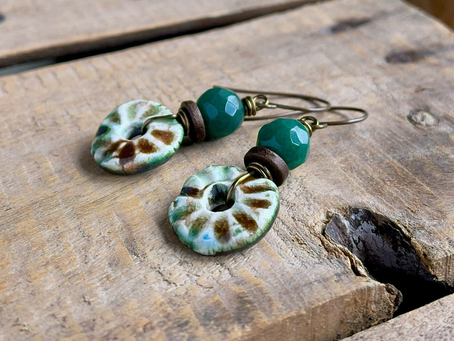 Rustic Green & Brown Ceramic Disc Earrings. One of a Kind Bohemian Earrings. Artisan Ceramic Jewellery