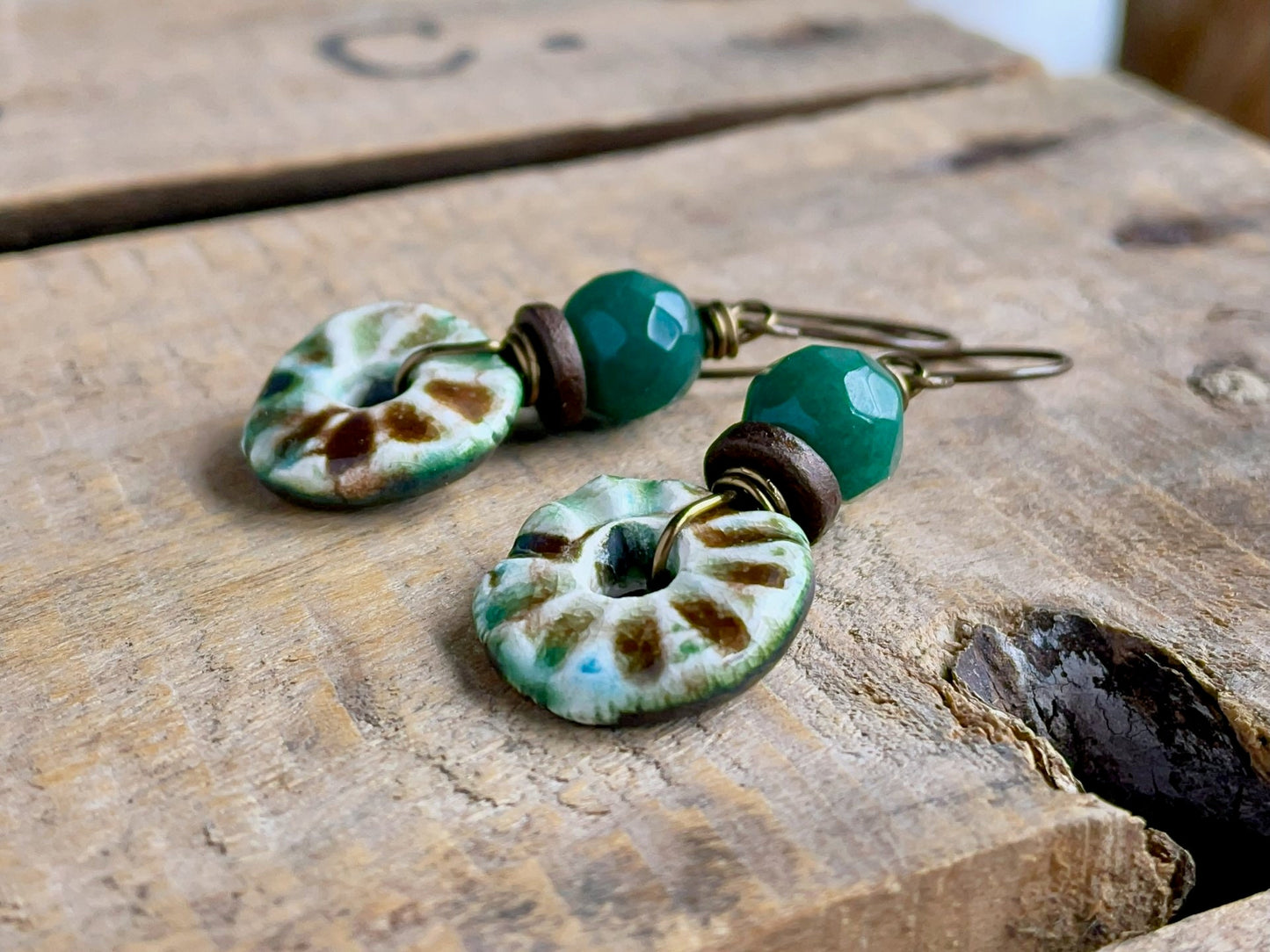 Rustic Green & Brown Ceramic Disc Earrings. One of a Kind Bohemian Earrings. Artisan Ceramic Jewellery