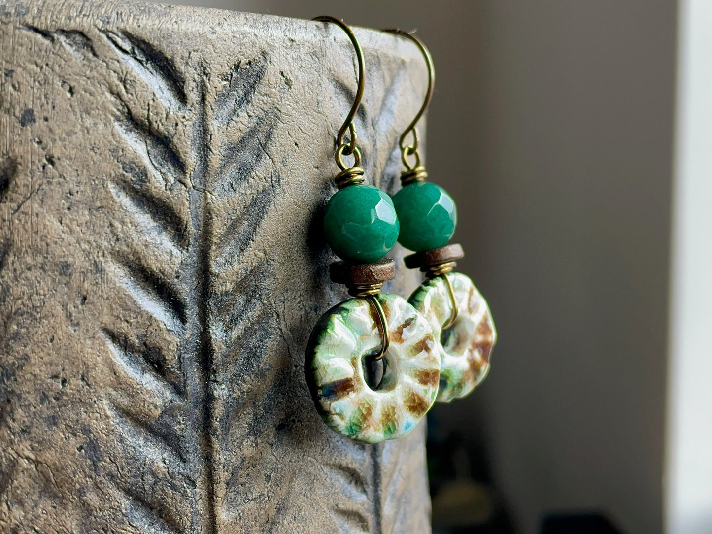 Rustic Green & Brown Ceramic Disc Earrings. One of a Kind Bohemian Earrings. Artisan Ceramic Jewellery