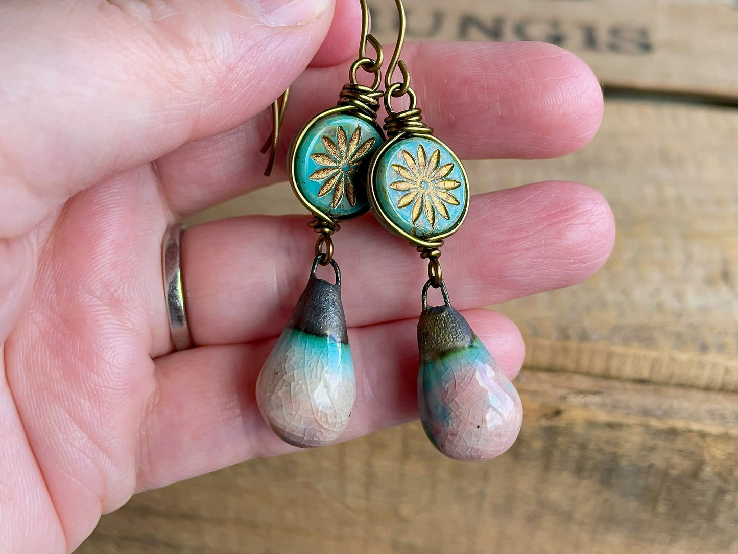 Pink & Turquoise Artisan Ceramic Drop Earrings. Bohemian Style Czech Glass Earrings. Colourful Summer Jewellery