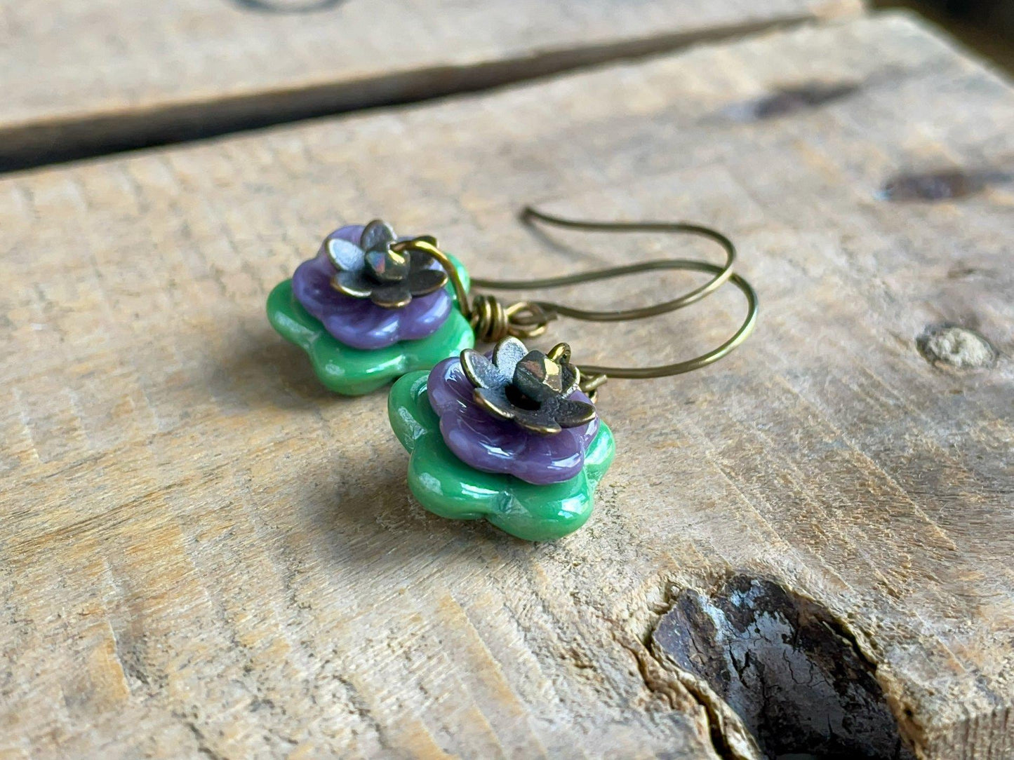 Spring Blossom Earrings - Green and Purple Floral Czech Glass. Nature Inspired Jewellery. Colourful Flower Earrings