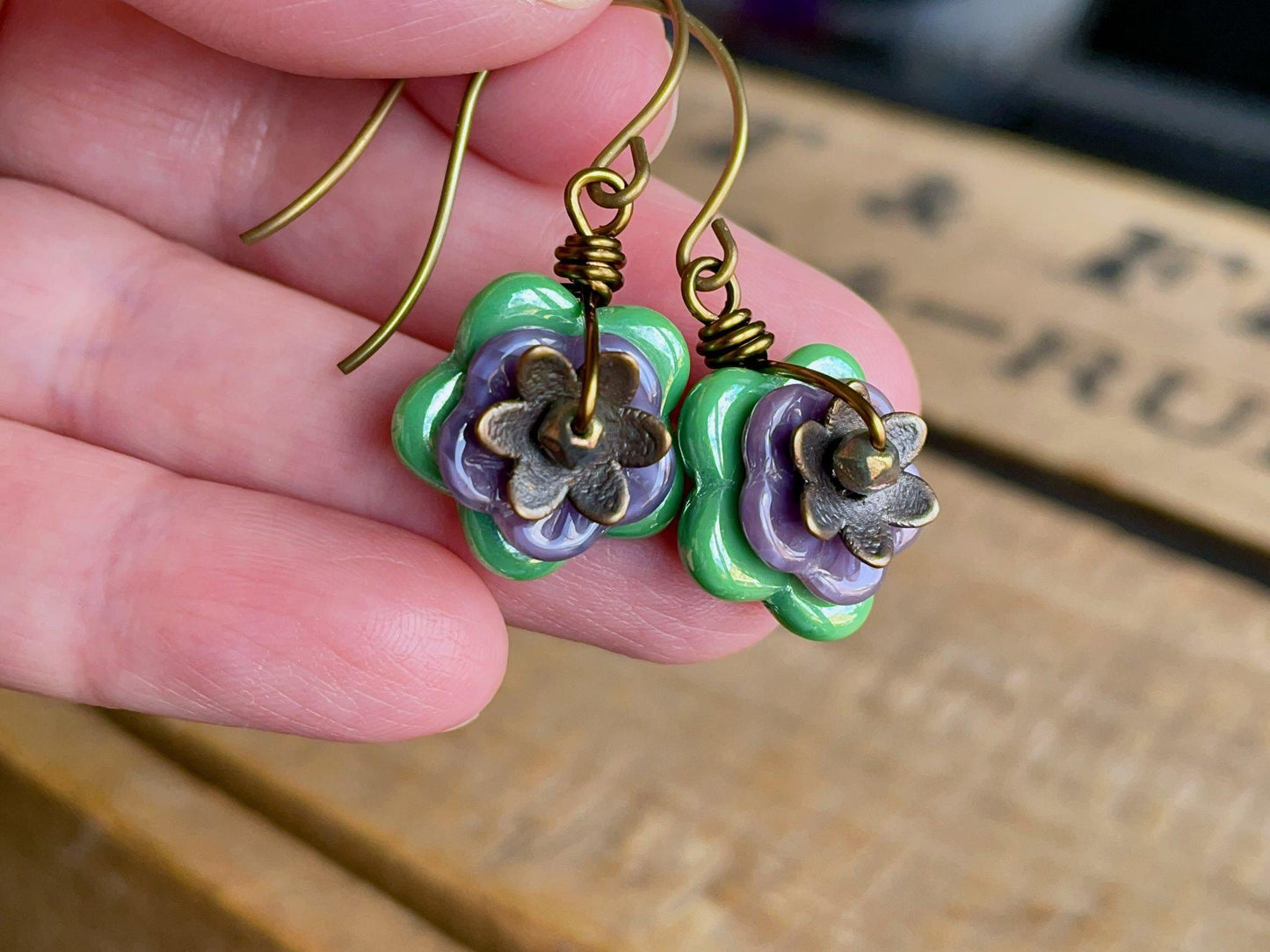 Spring Blossom Earrings - Green and Purple Floral Czech Glass. Nature Inspired Jewellery. Colourful Flower Earrings