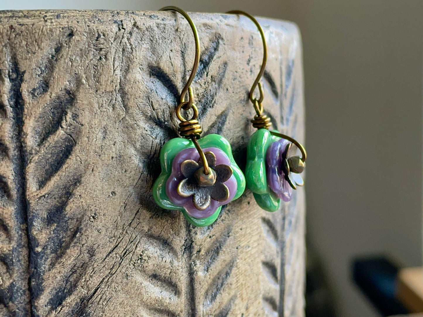 Spring Blossom Earrings - Green and Purple Floral Czech Glass. Nature Inspired Jewellery. Colourful Flower Earrings