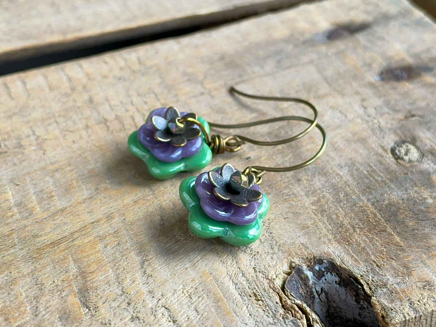 Spring Blossom Earrings - Green and Purple Floral Czech Glass. Nature Inspired Jewellery. Colourful Flower Earrings