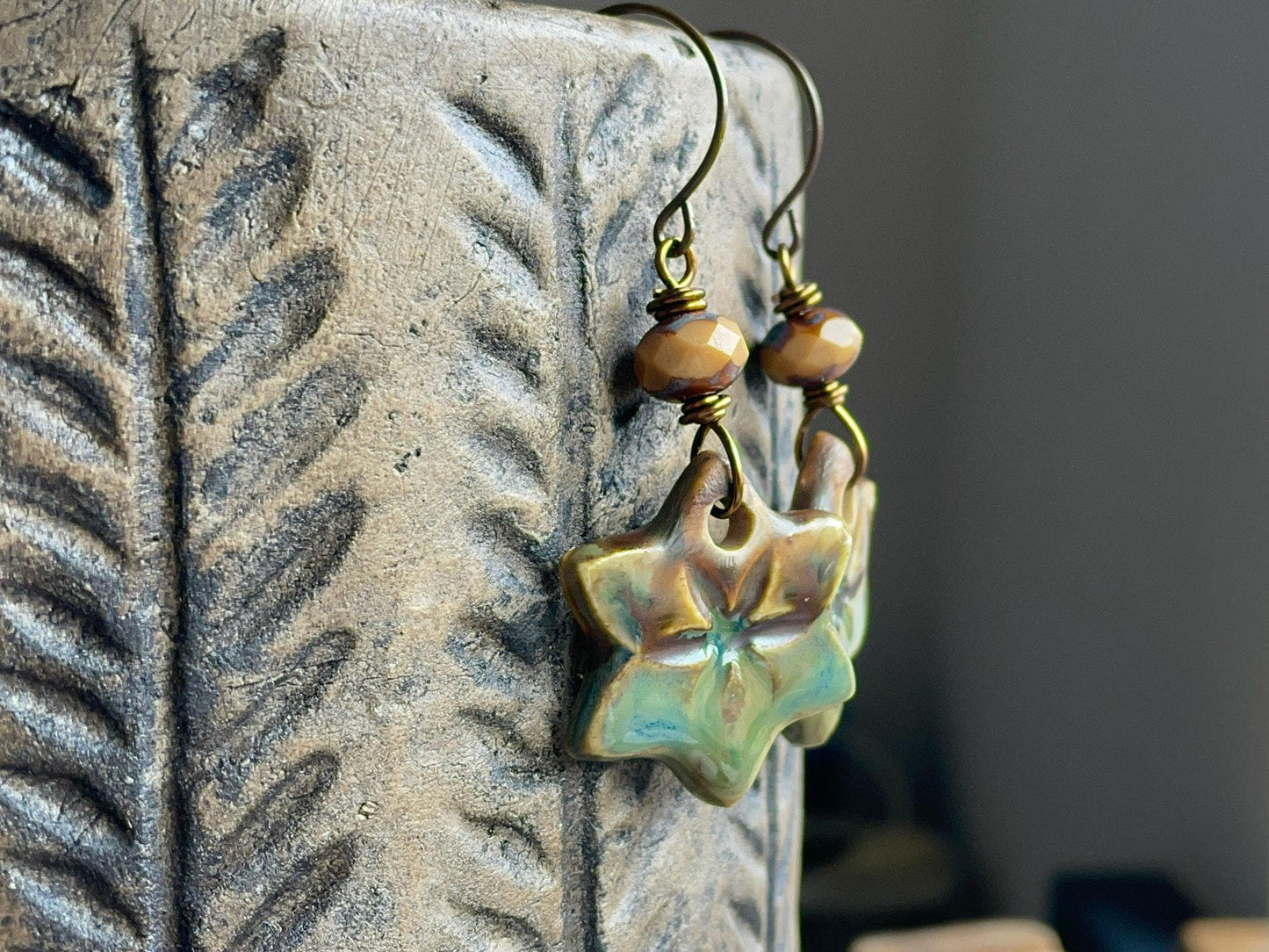 Rustic Green & Brown Earrings. Artisan Ceramic Statement Earrings. One of a Kind Jewellery