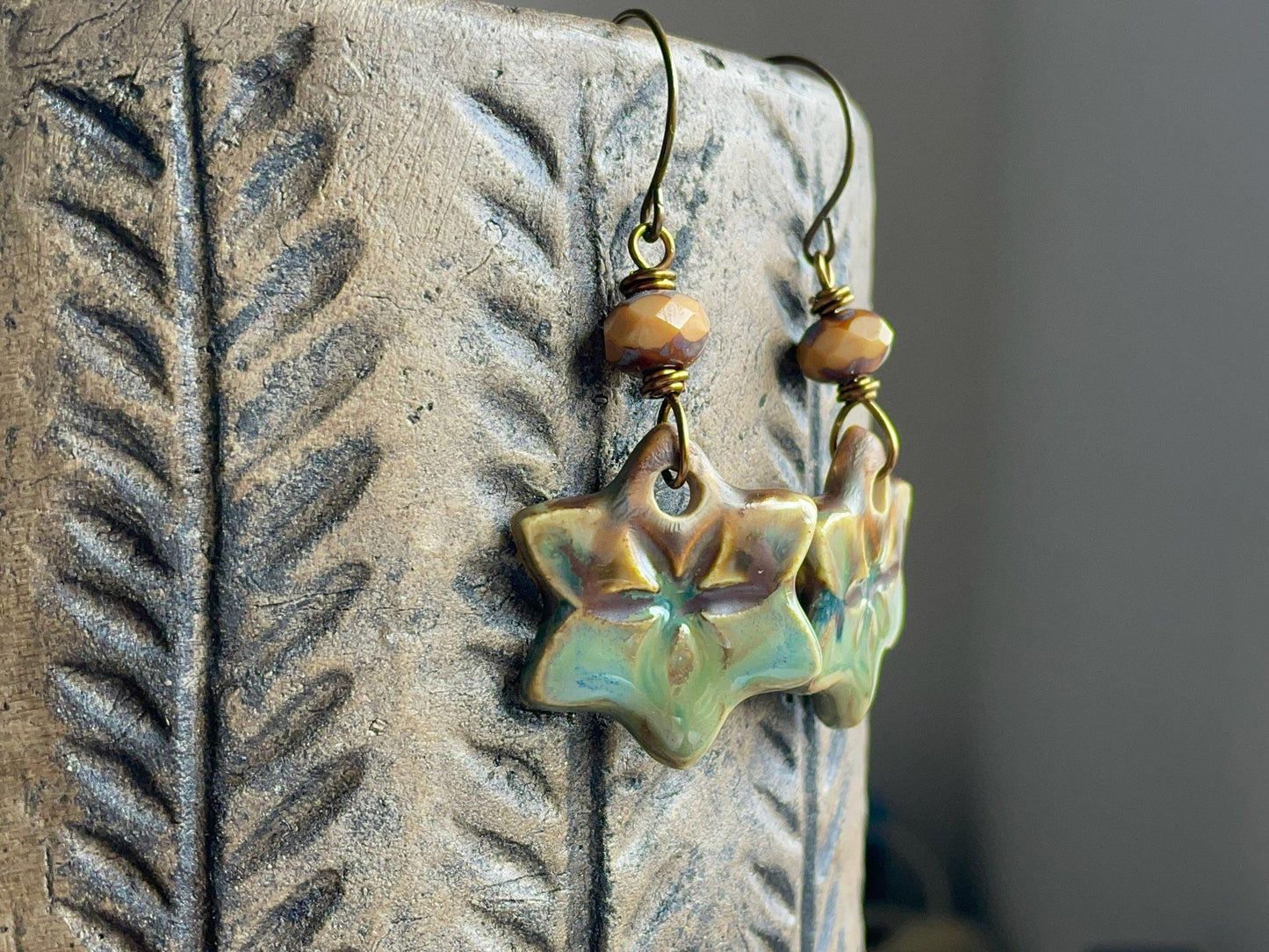 Rustic Green & Brown Earrings. Artisan Ceramic Statement Earrings. One of a Kind Jewellery