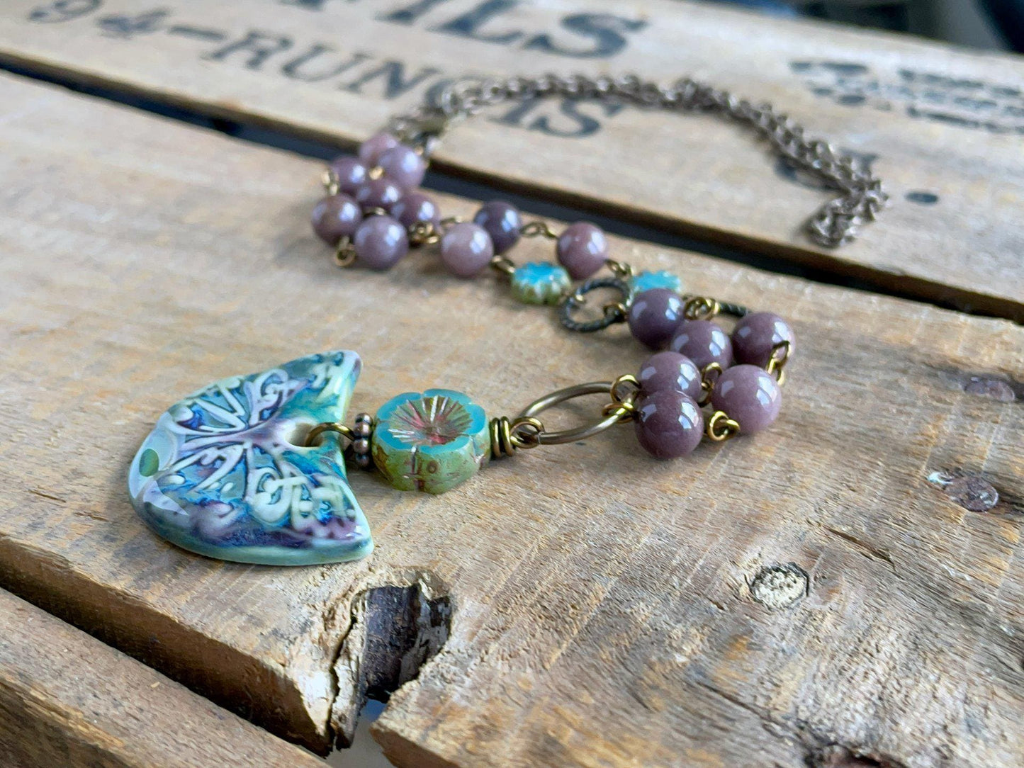 Purple & Green Artisan Ceramic Butterfly Pendant with Rustic Beads and Brass Chain. One of a Kind Jewellery