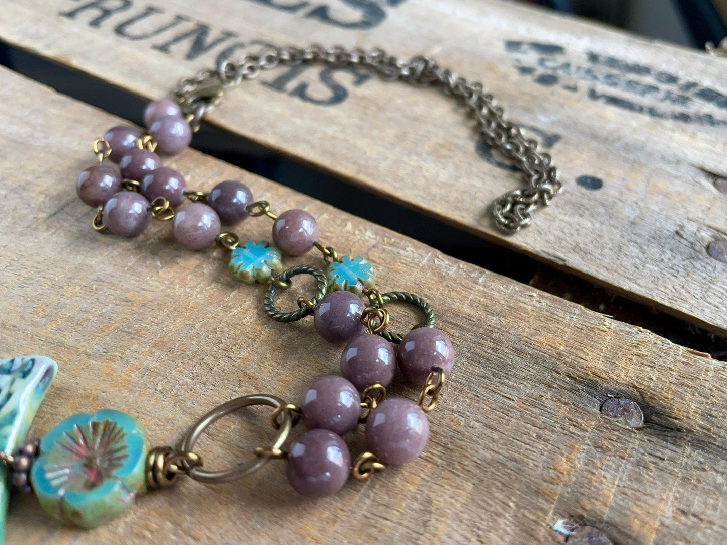 Purple & Green Artisan Ceramic Butterfly Pendant with Rustic Beads and Brass Chain. One of a Kind Jewellery