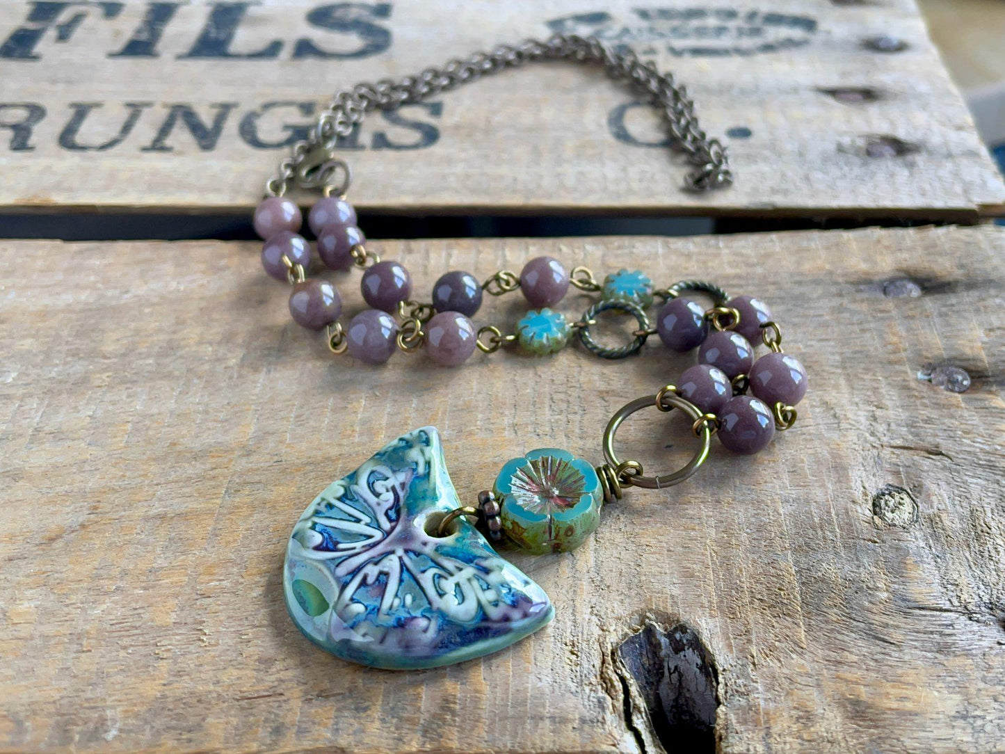 Purple & Green Artisan Ceramic Butterfly Pendant with Rustic Beads and Brass Chain. One of a Kind Jewellery