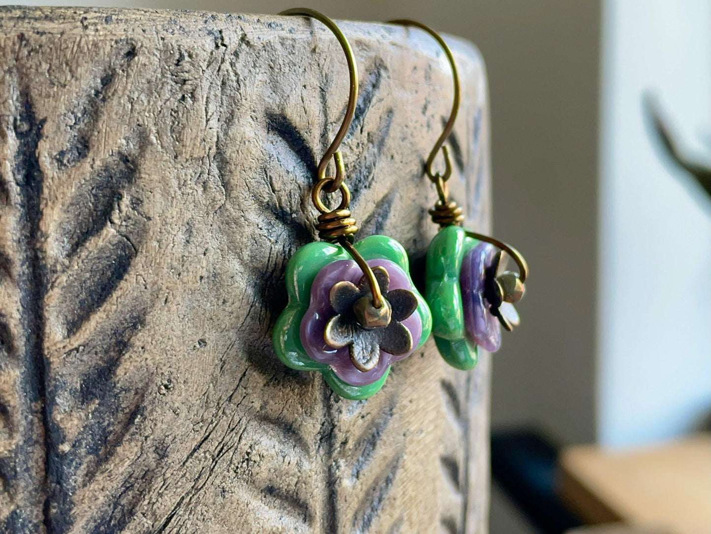 Spring Blossom Earrings - Green and Purple Floral Czech Glass. Nature Inspired Jewellery. Colourful Flower Earrings