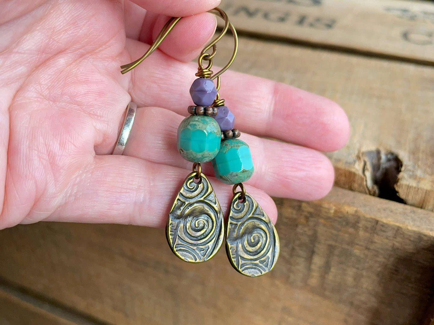 Turquoise & Purple Czech Glass Earrings with Oxidised Brass Charms. Bohemian Style Earrings. Colourful Jewellery for Summer