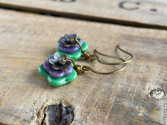 Spring Blossom Earrings - Green and Purple Floral Czech Glass. Nature Inspired Jewellery. Colourful Flower Earrings