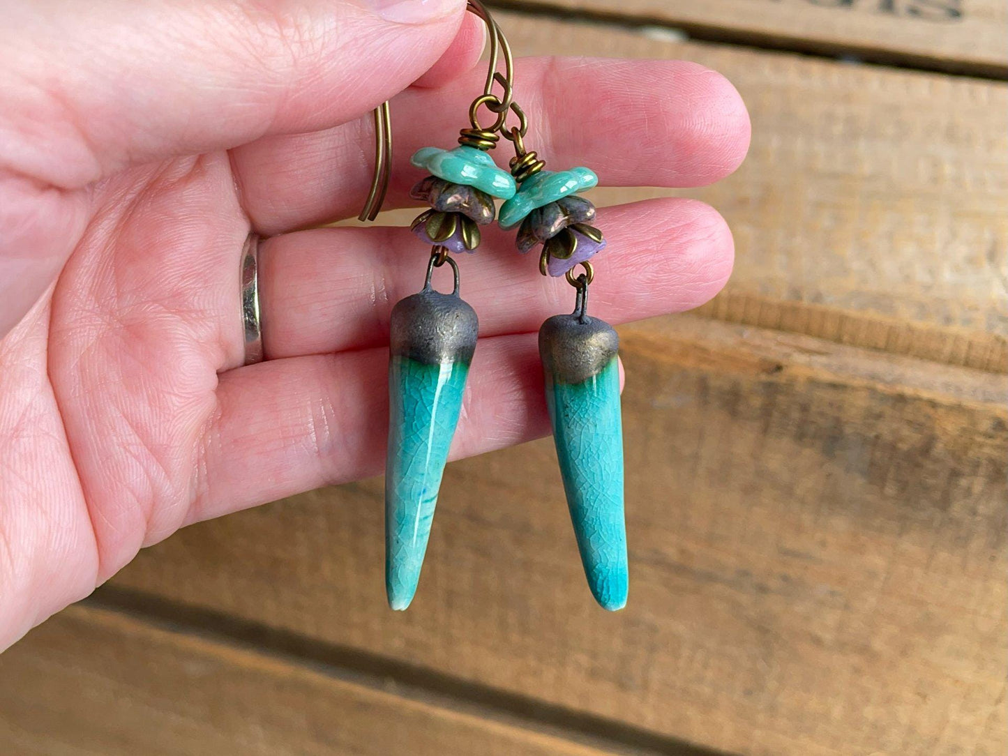 Turquoise Artisan Ceramic Spike Earrings with Czech Glass Flowers. One of a Kind Bohemian Style Jewellery