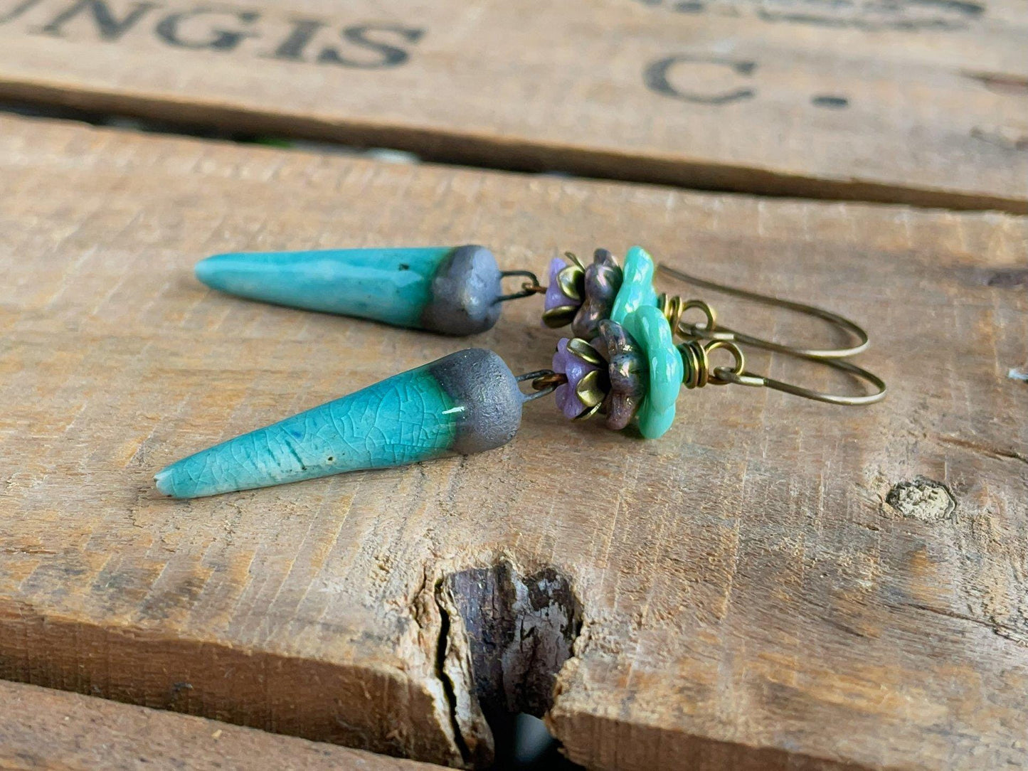 Turquoise Artisan Ceramic Spike Earrings with Czech Glass Flowers. One of a Kind Bohemian Style Jewellery