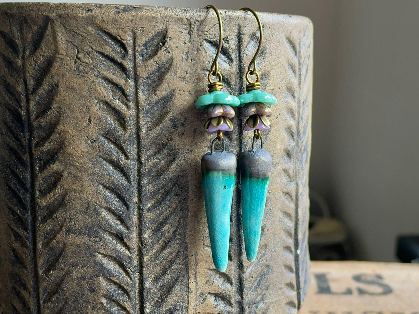 Turquoise Artisan Ceramic Spike Earrings with Czech Glass Flowers. One of a Kind Bohemian Style Jewellery