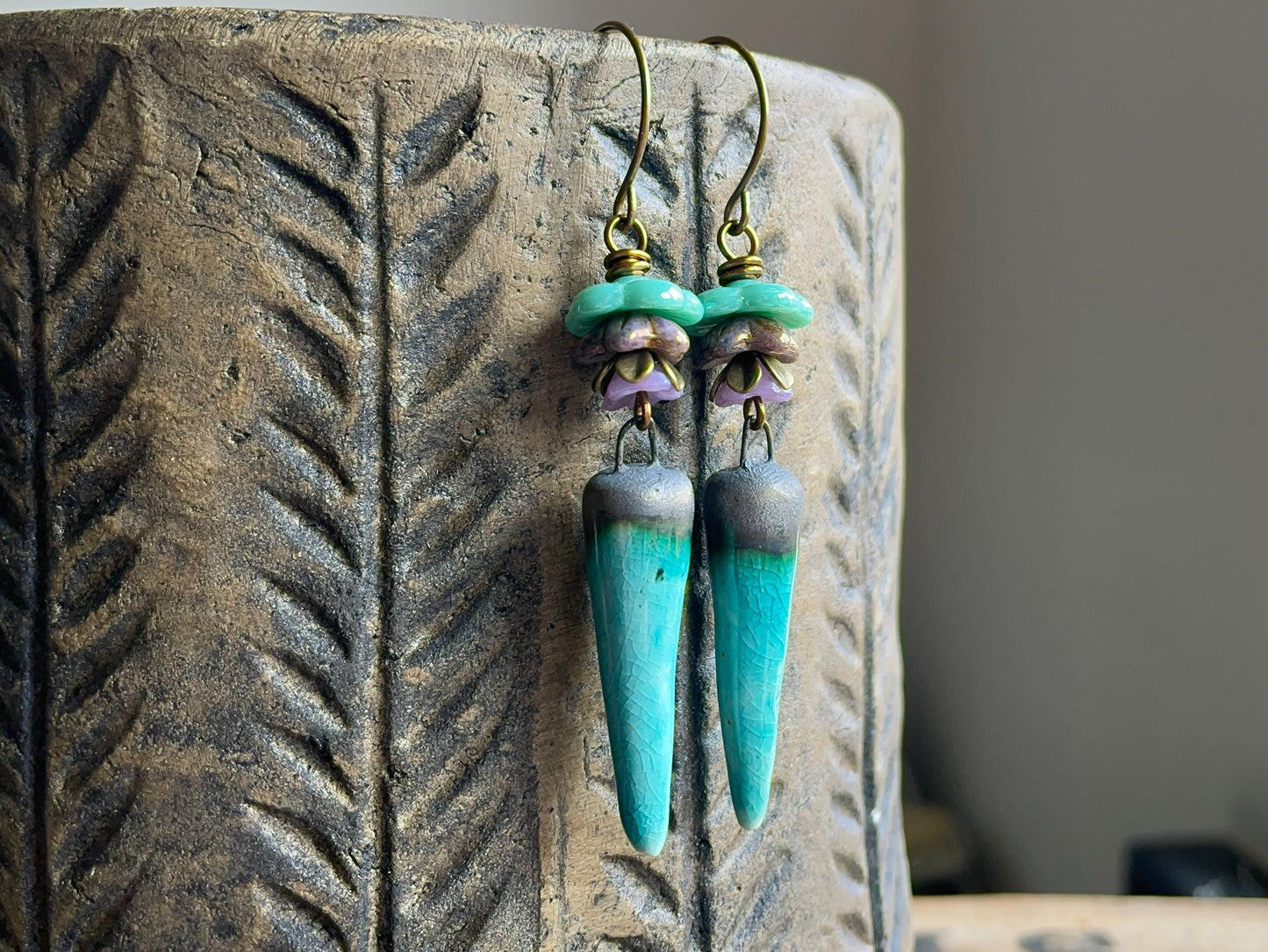 Turquoise Artisan Ceramic Spike Earrings with Czech Glass Flowers. One of a Kind Bohemian Style Jewellery