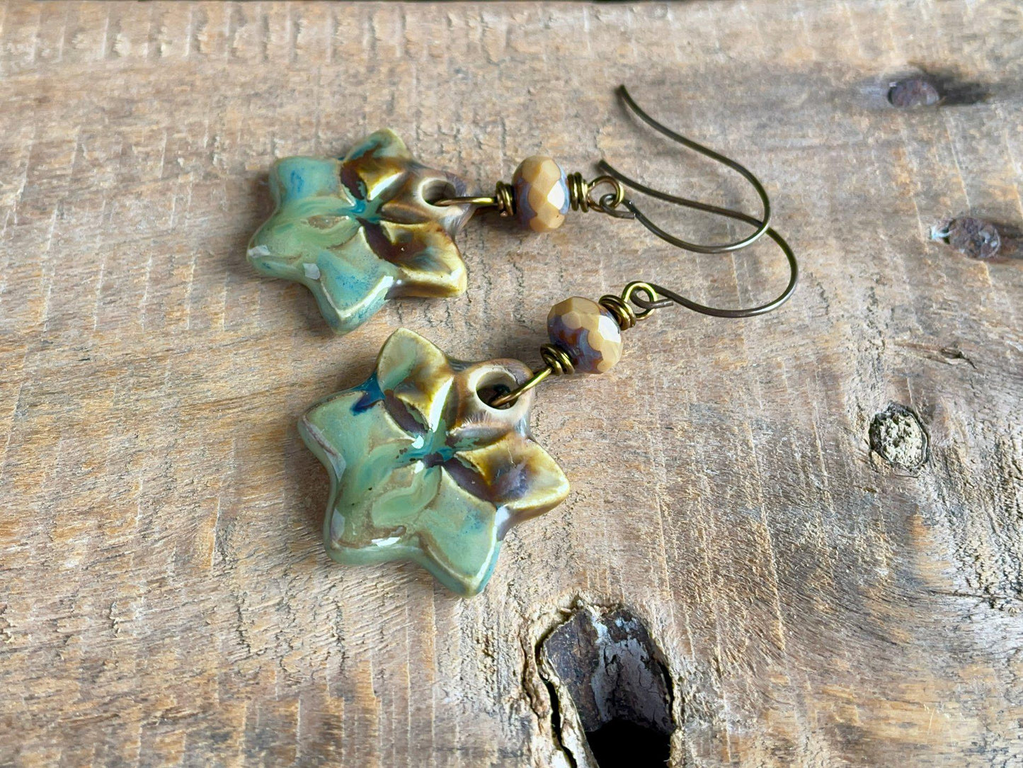 Rustic Green & Brown Earrings. Artisan Ceramic Statement Earrings. One of a Kind Jewellery