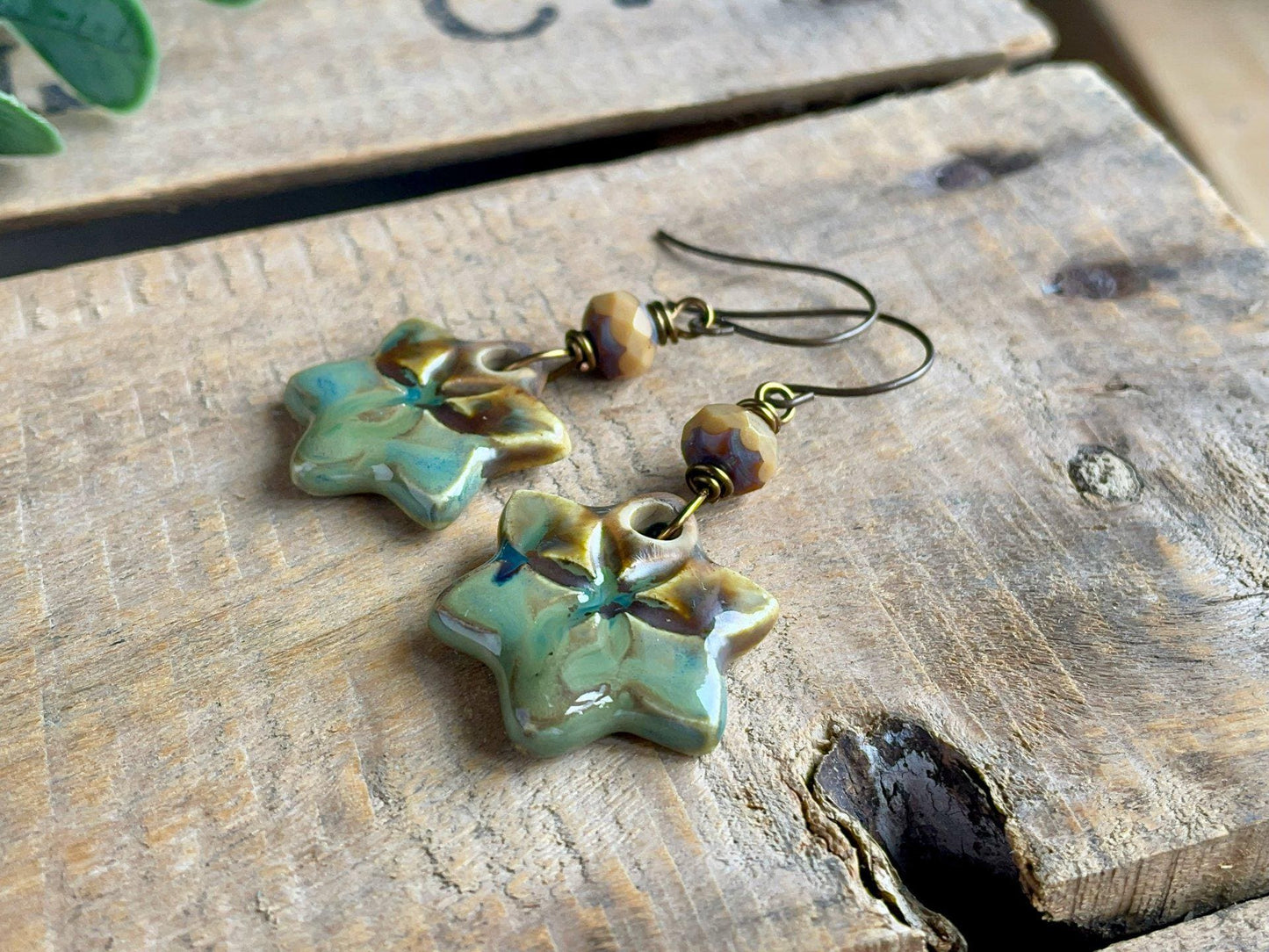 Rustic Green & Brown Earrings. Artisan Ceramic Statement Earrings. One of a Kind Jewellery